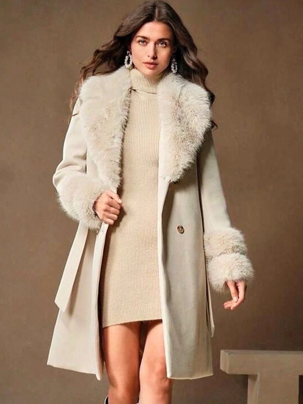Cream Faux Fur Trim Trench Coat